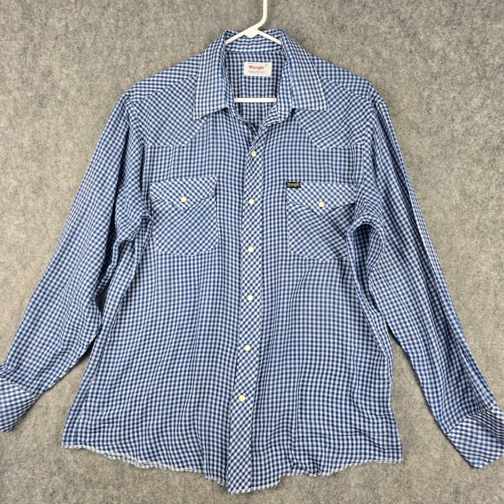 Vintage 70s Wrangler Pearl Snap Western Shirt Mens Large Blue Gingham Cowboy USA